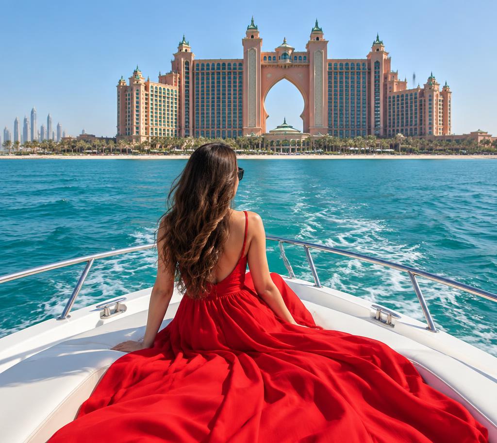 Traveler on a boat approaching Atlantis The Palm in Dubai